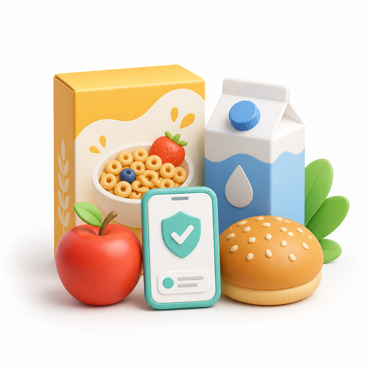 Friendly illustration of groceries and a mobile food alert tile